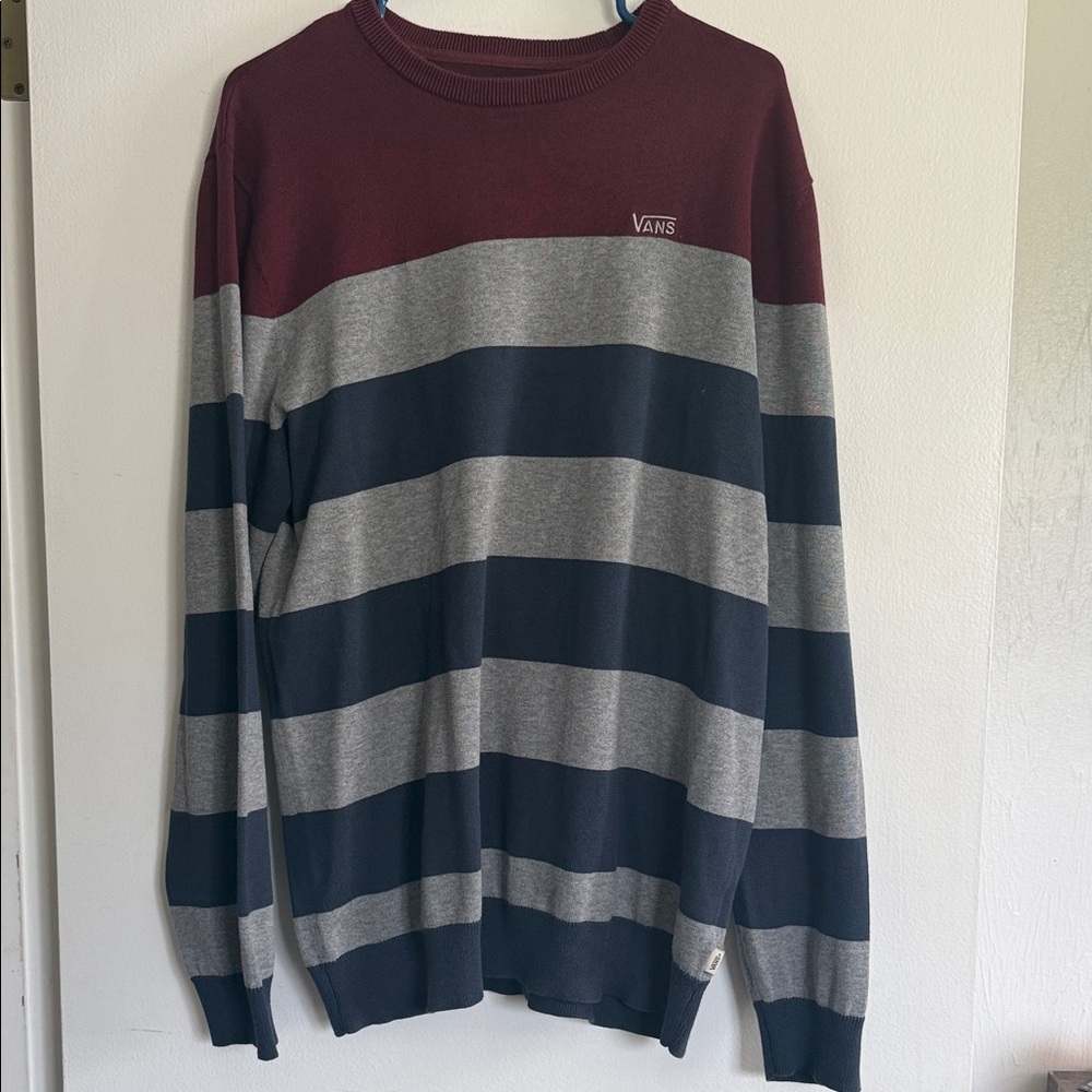Vans Men’s Burgundy, Navy & Gray Striped Crewneck Sweater
